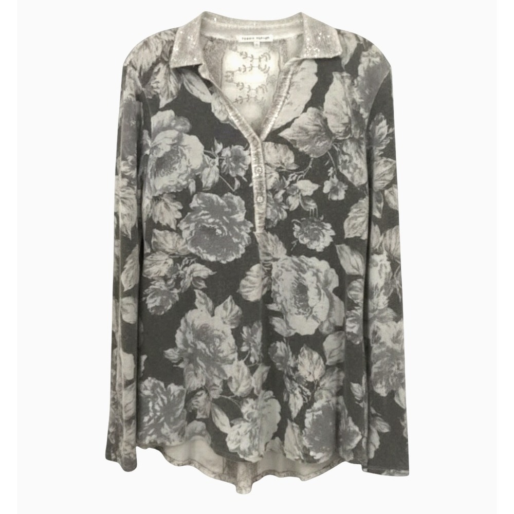 TEMPO PARIS Gray Floral Sweater Knit BLOUSE TOP Lace Back SEQUIN Whimsigoth  M